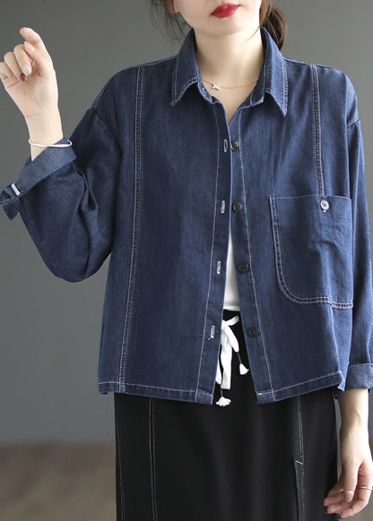 Blue Peter Pan Collar Patchwork Button Denim Coats Spring