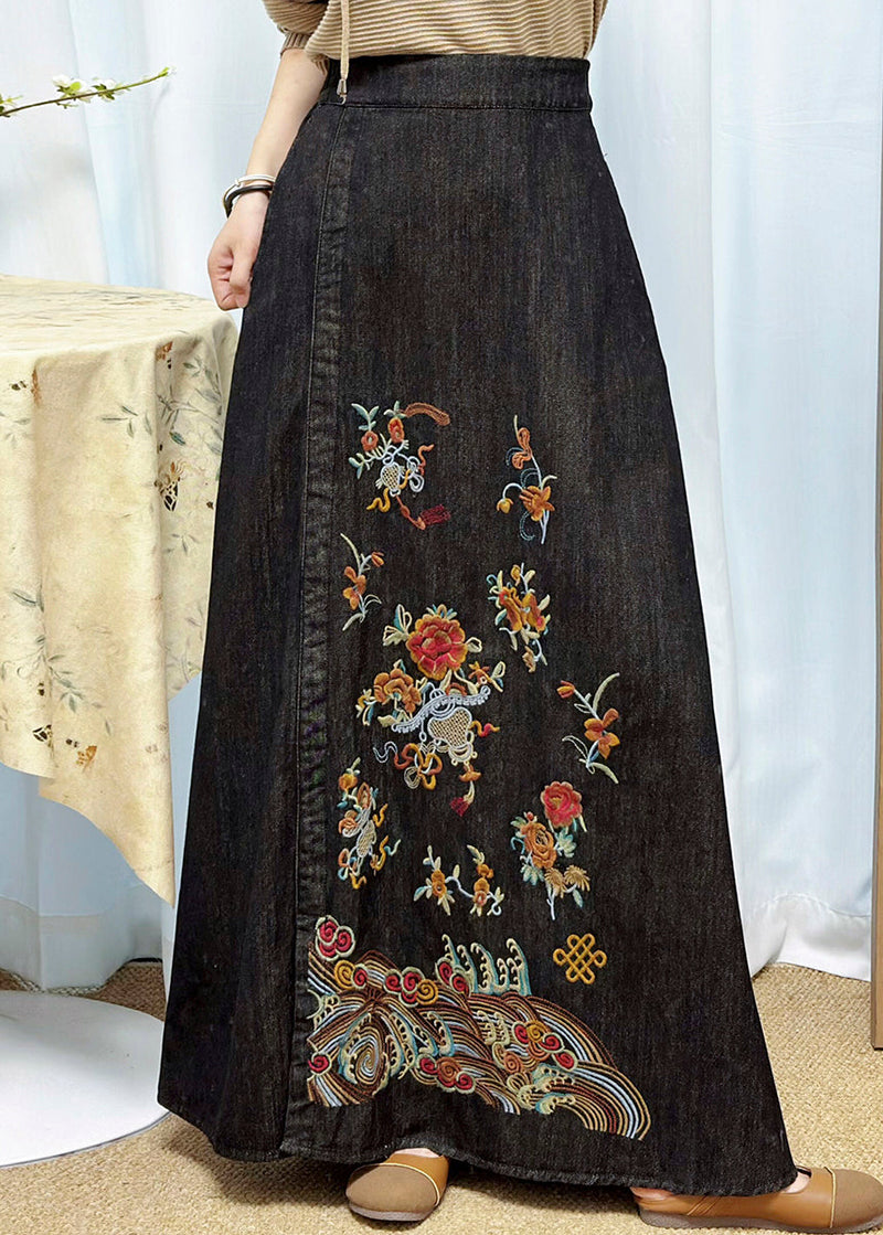 Chinese Style Black Embroidered Denim Skirts Summer