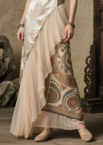 Beige Asymmetrical Patchwork Print Silk Robe Dresses Summer