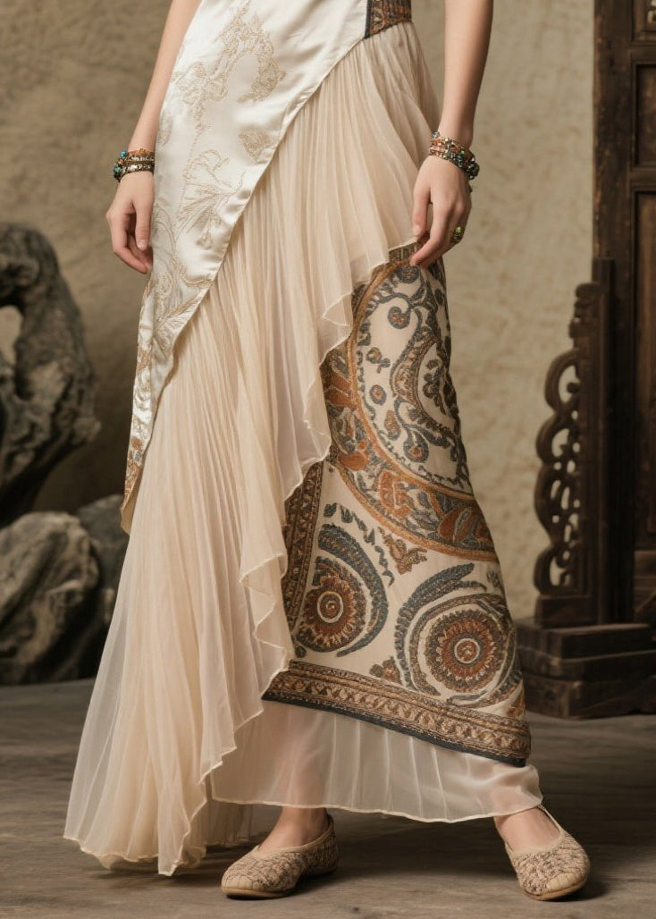 Beige Asymmetrical Patchwork Print Silk Robe Dresses Summer