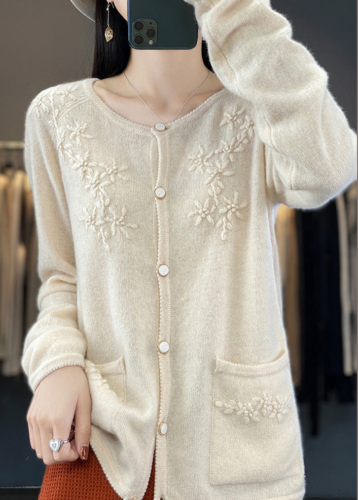 Unique Beige Button Cashmere Knit Cardigan Long Sleeve