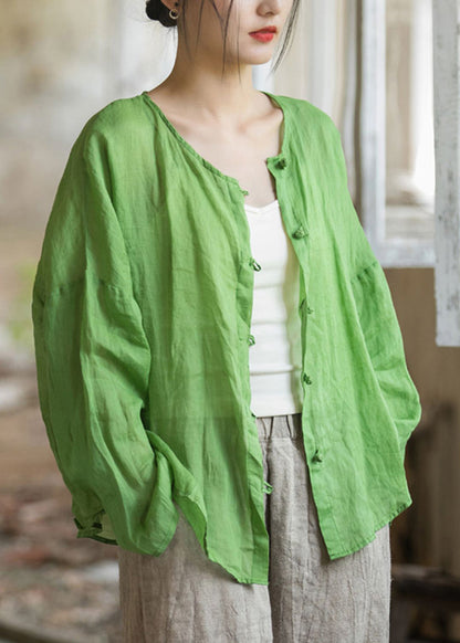 Natural Green Tops Button O-neck Ramie Fall