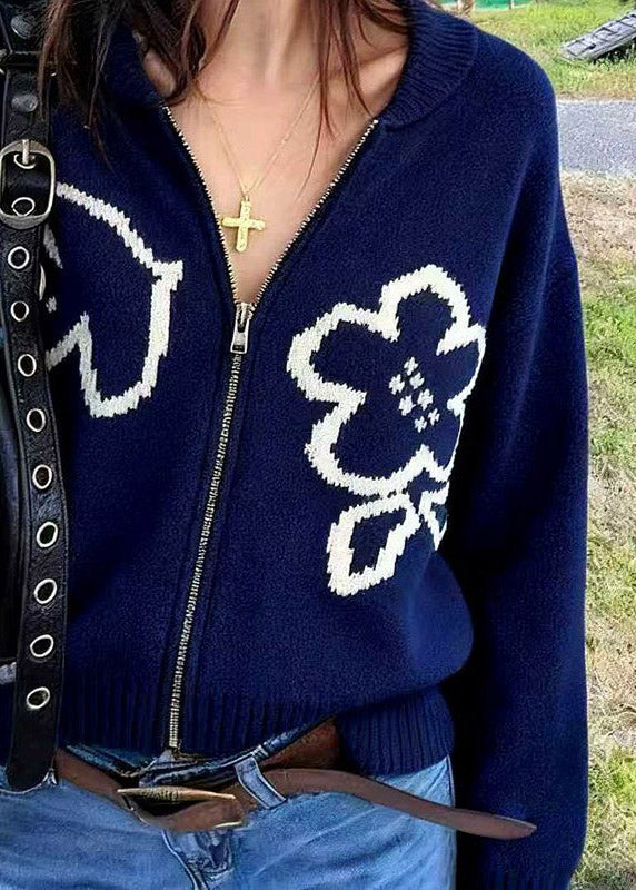 Navy Zip Up Knit Loose Coat Spring