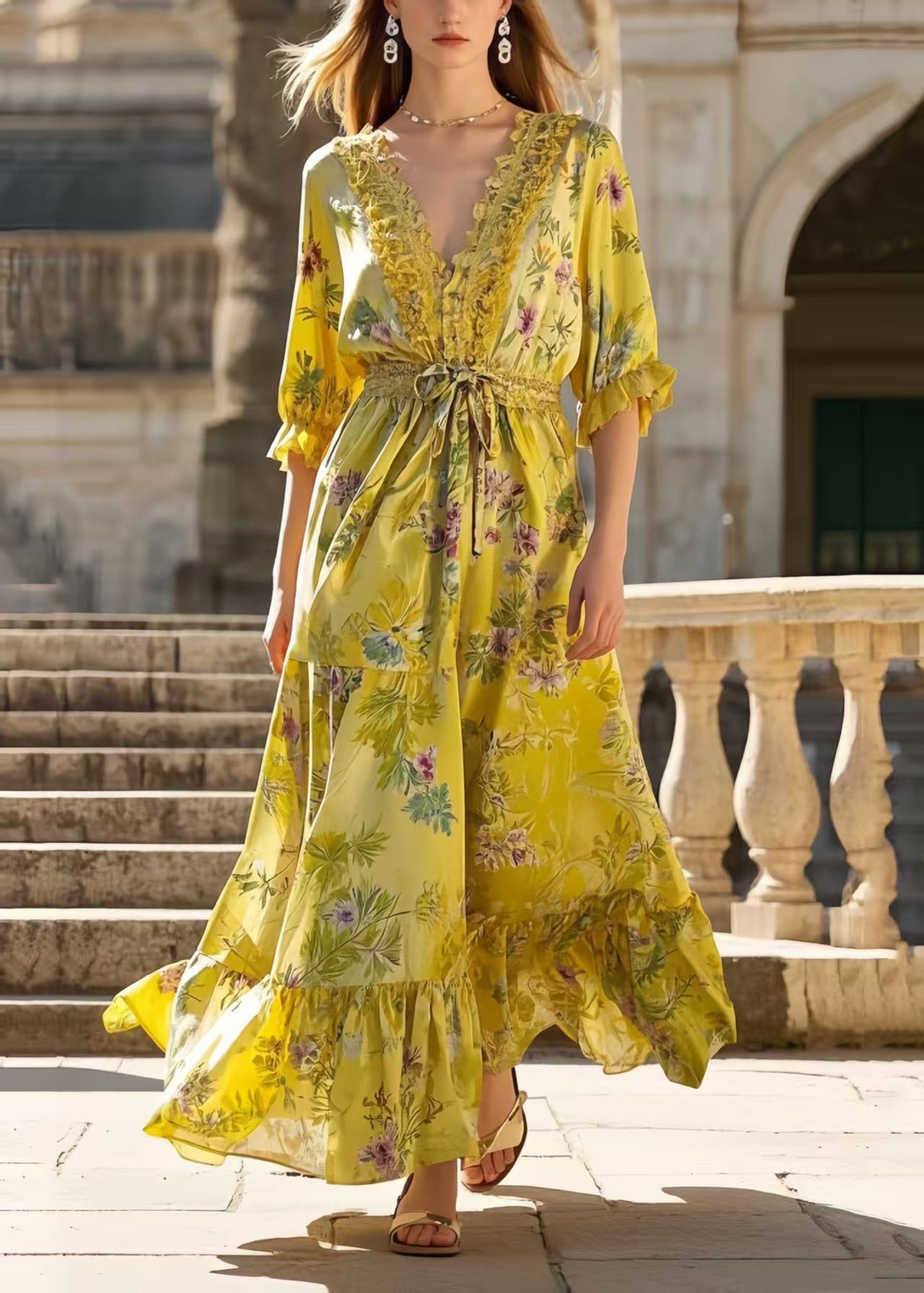 Yellow Ruffled Print Silk Tunic Dress Summer