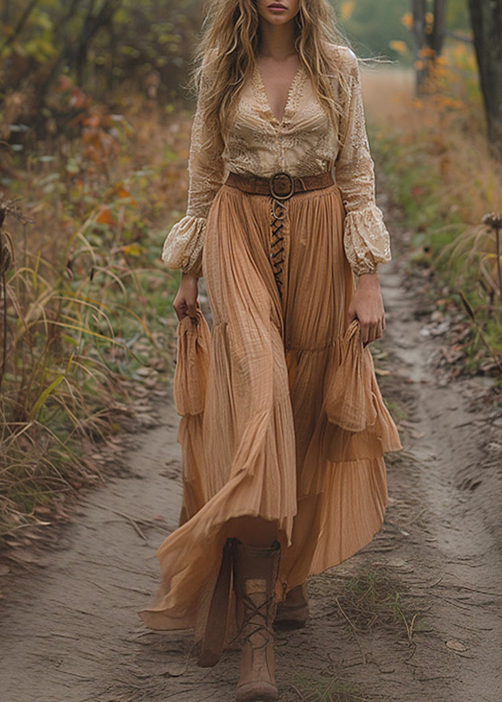 Colorblock V Neck Wrinkled Patchwork Cotton Dress Long Sleeve