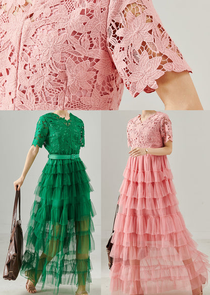 Pink V Neck Patchwork Tulle Long Dress Summer