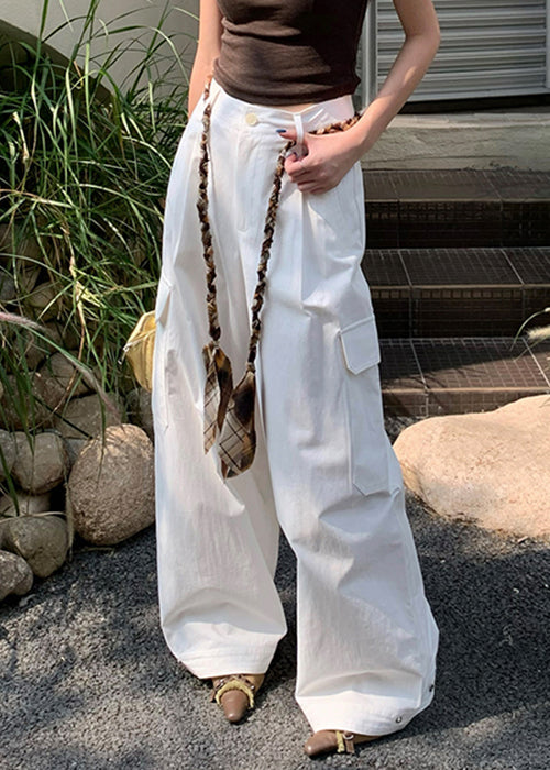 White Pockets High Waist Cotton Wide Leg Pants Fall