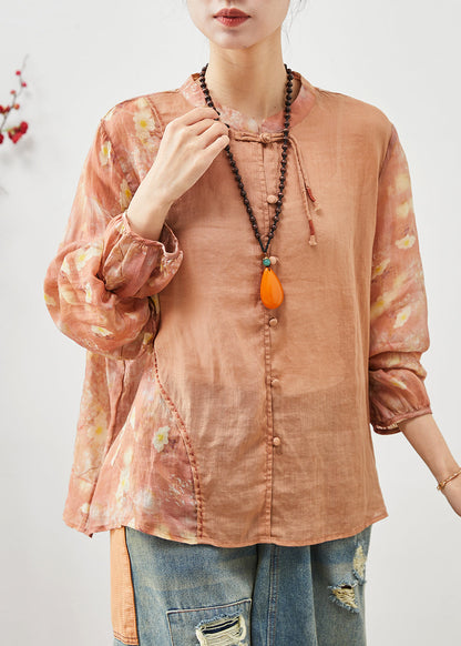 Orange Mandarin Collar Patchwork Cotton Shirt Summer