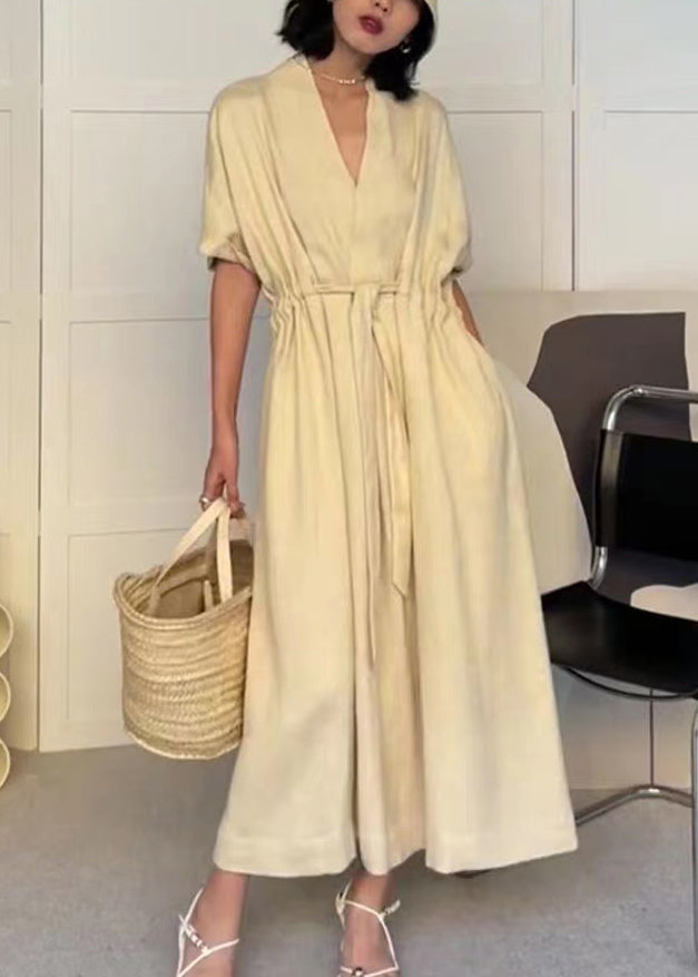 White V Neck Drawstring Pockets Cotton Dress Summer