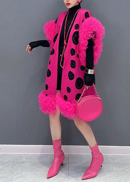 Rose Dot Print Tulle Patchwork Knit Waistcoat Sleeveless