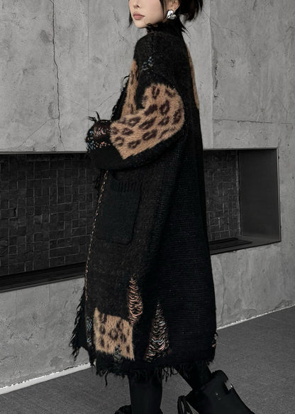 Black Print Patchwork Cotton Knit Cardigan Fall