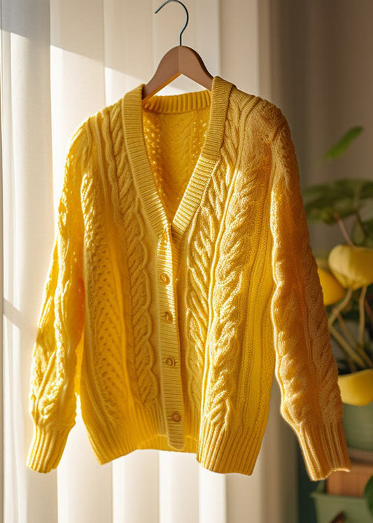 Yellow Hollow Out Button Knit Cardigans Fall
