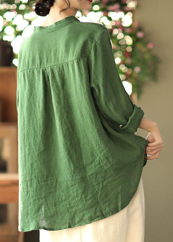 Green Embroidered Asymmetrical Design Linen Shirts Spring