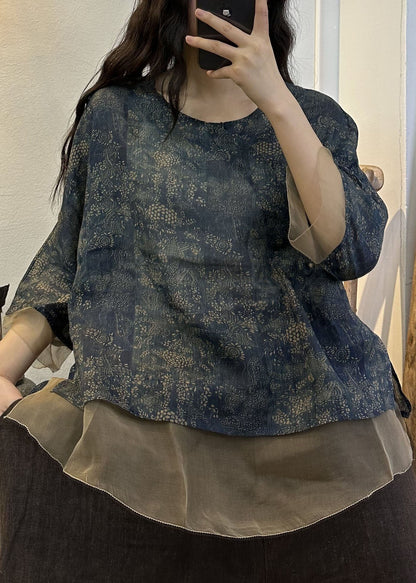 Diy Navy O Neck Print Patchwork Linen Blouses Summer