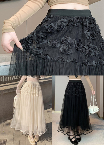 Beige Elastic Waist Tulle Skirt Summer