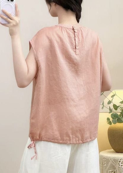 Cozy Pink O Neck Linen Shirt Summer