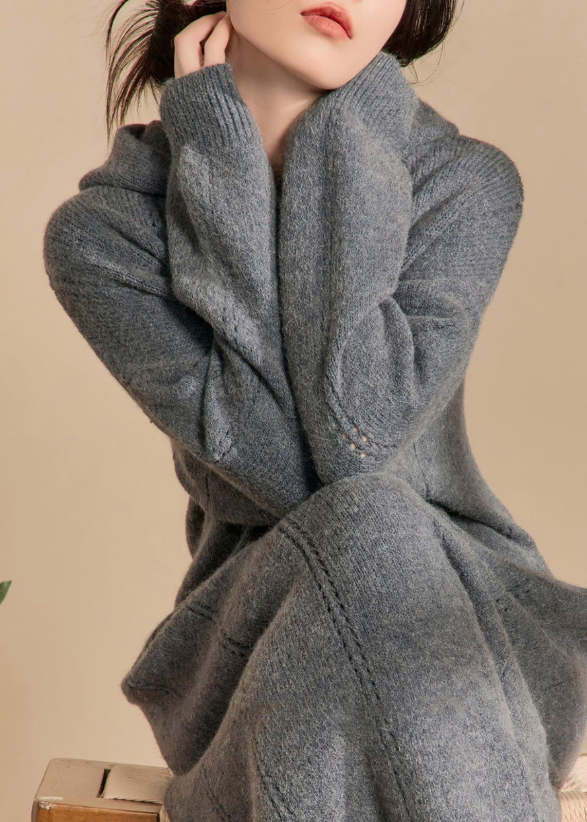 New Grey Hooded Hollow Out Knit Long Dress Winter