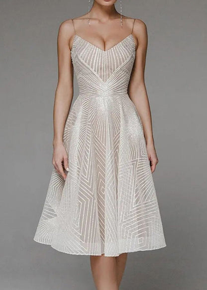Art Beige Embroidered Spaghetti Strap Dress Summer