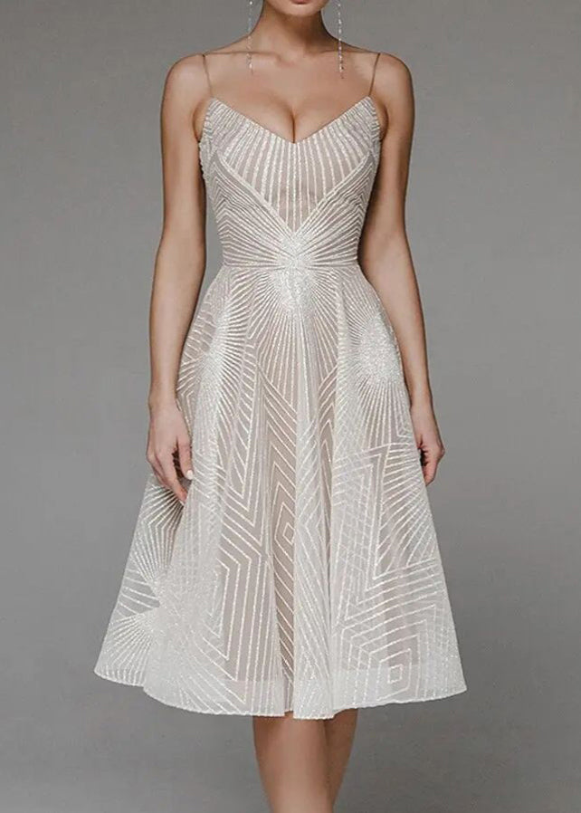 Art Beige Embroidered Spaghetti Strap Dress Summer