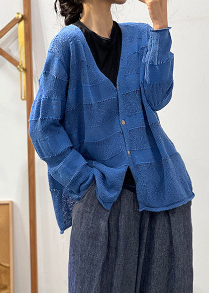 Loose Blue V Neck Hollow Out Cotton Knit Coat Fall
