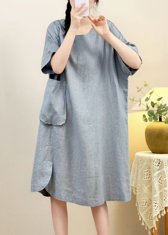 Pink Pockets Side Open Linen Dress Half Sleeve