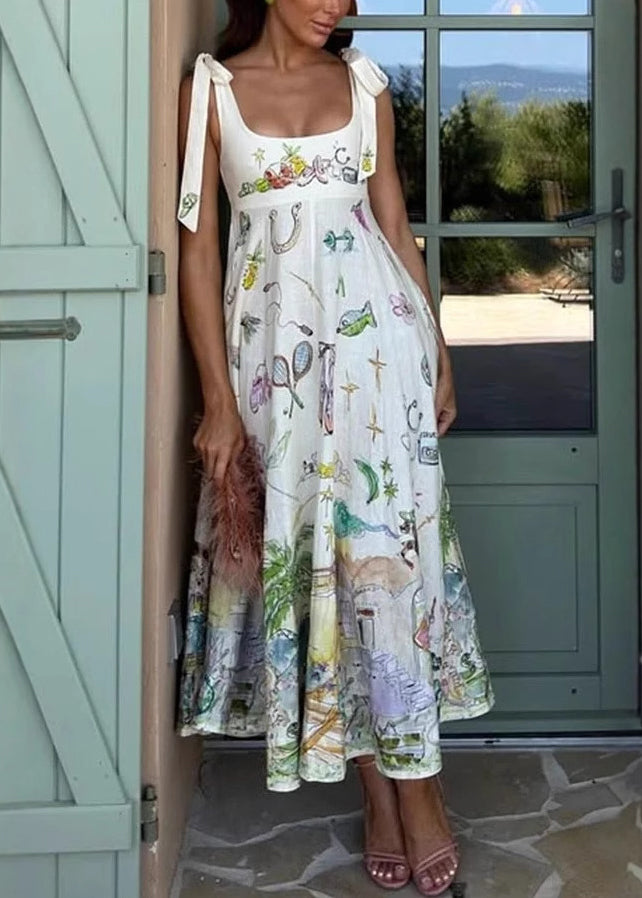 French U Neck Print Lace Up Cotton Dress Sleeveless