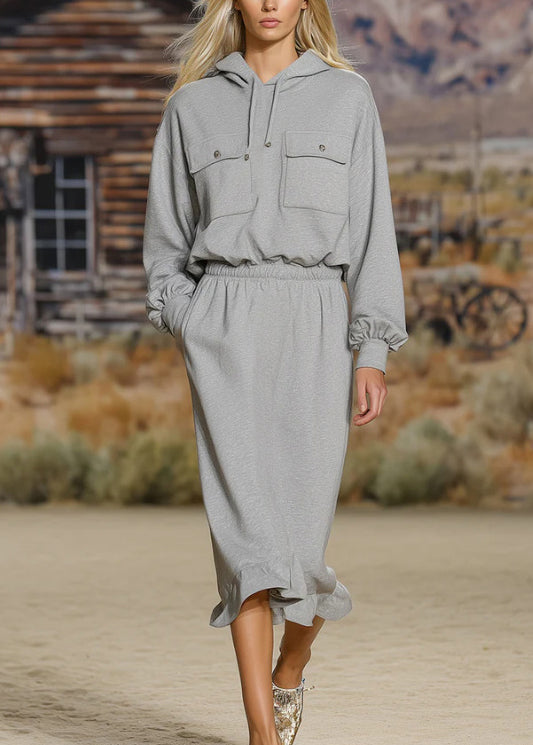 Grey Hooded Ruffled Patchwork Cotton Dress Fall