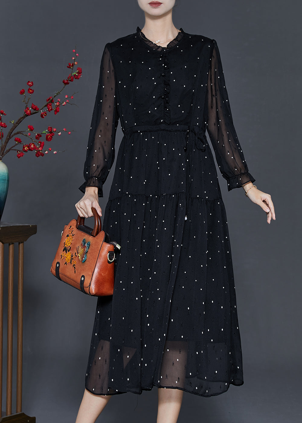 Black Tie Waist Dot Chiffon Long Dress Fall