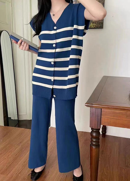 Loose Apricot V Neck Striped Knit 2 Piece Outfit Summer
