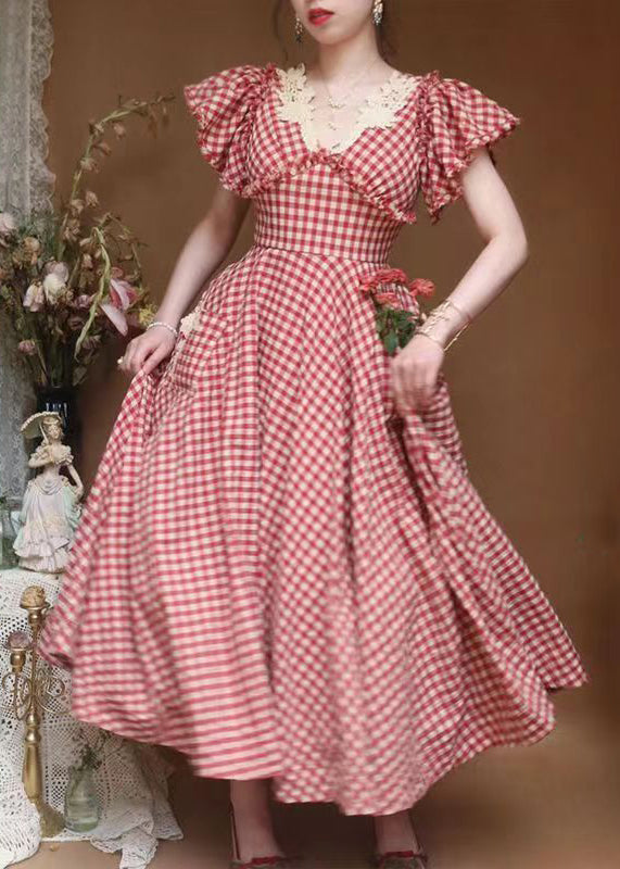 Classy Plaid V Neck Ruffled Pockets Cotton Dresses Summer