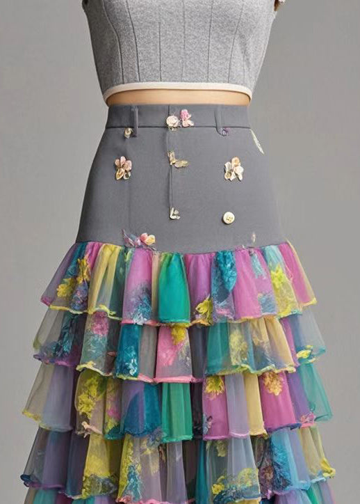 Print Patchwork Layered Tulle Silm Fit Skirt Fall