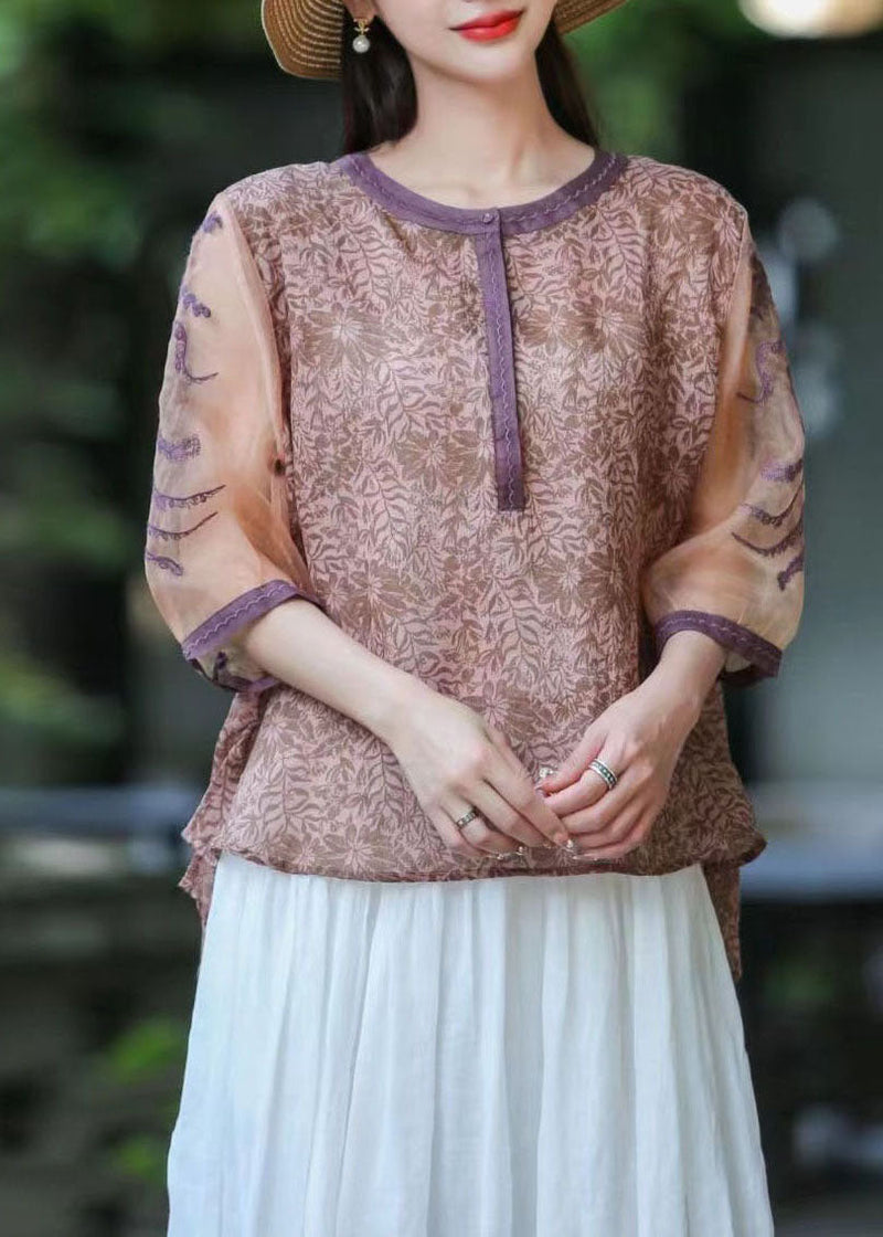 Green O Neck Organza Embroidered Patchwork Linen Top Summer