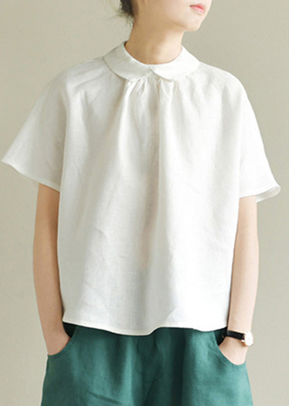 Simple White Peter Pan Collar Linen Shirt Summer