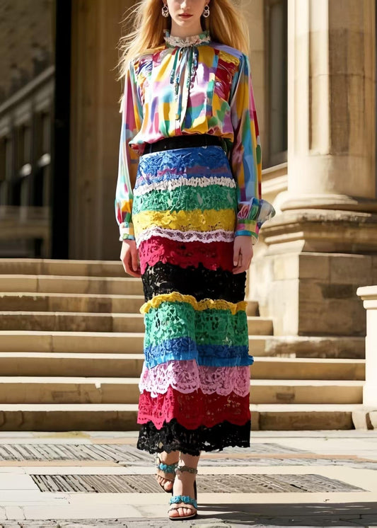 Silm Fit Polychrome Wraped Patchwork Lace Skirt Spring