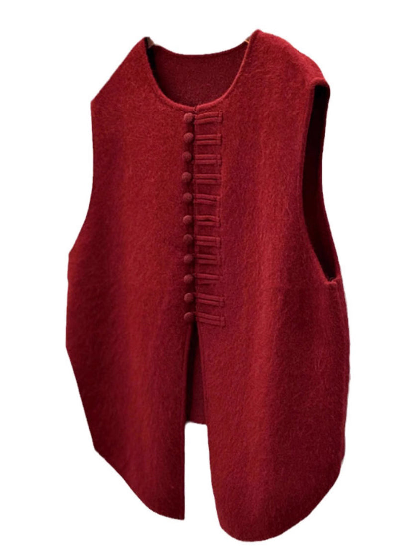 Red Chinese Button Side Open Knit Vests Winter