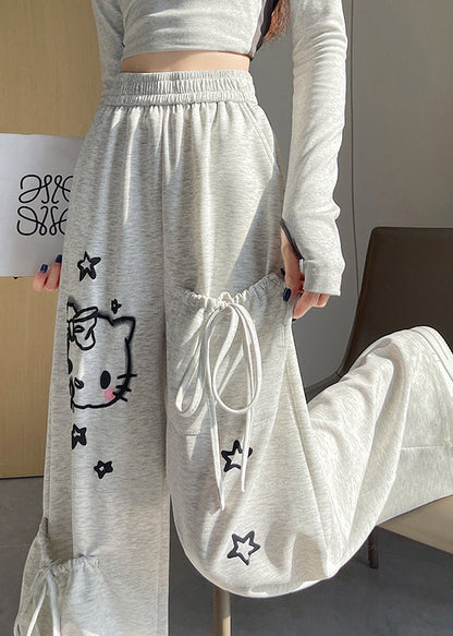 Light Grey Elastic Waist Print Pockets Cotton Pants Fall