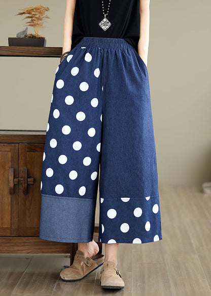 Blue Asymmetrical Patchwork Dot Print Pockets Wide Leg Pants Summer
