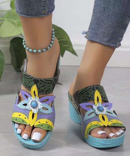 Peacock Blue Hollow Out Splicing Wedge Slide Sandals
