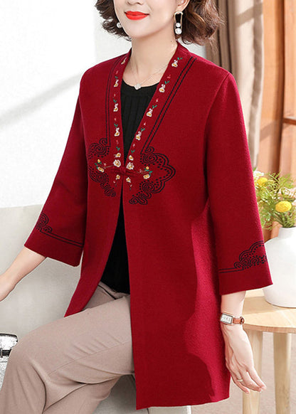 Red V Neck Print Cotton Knit Cardigan Spring