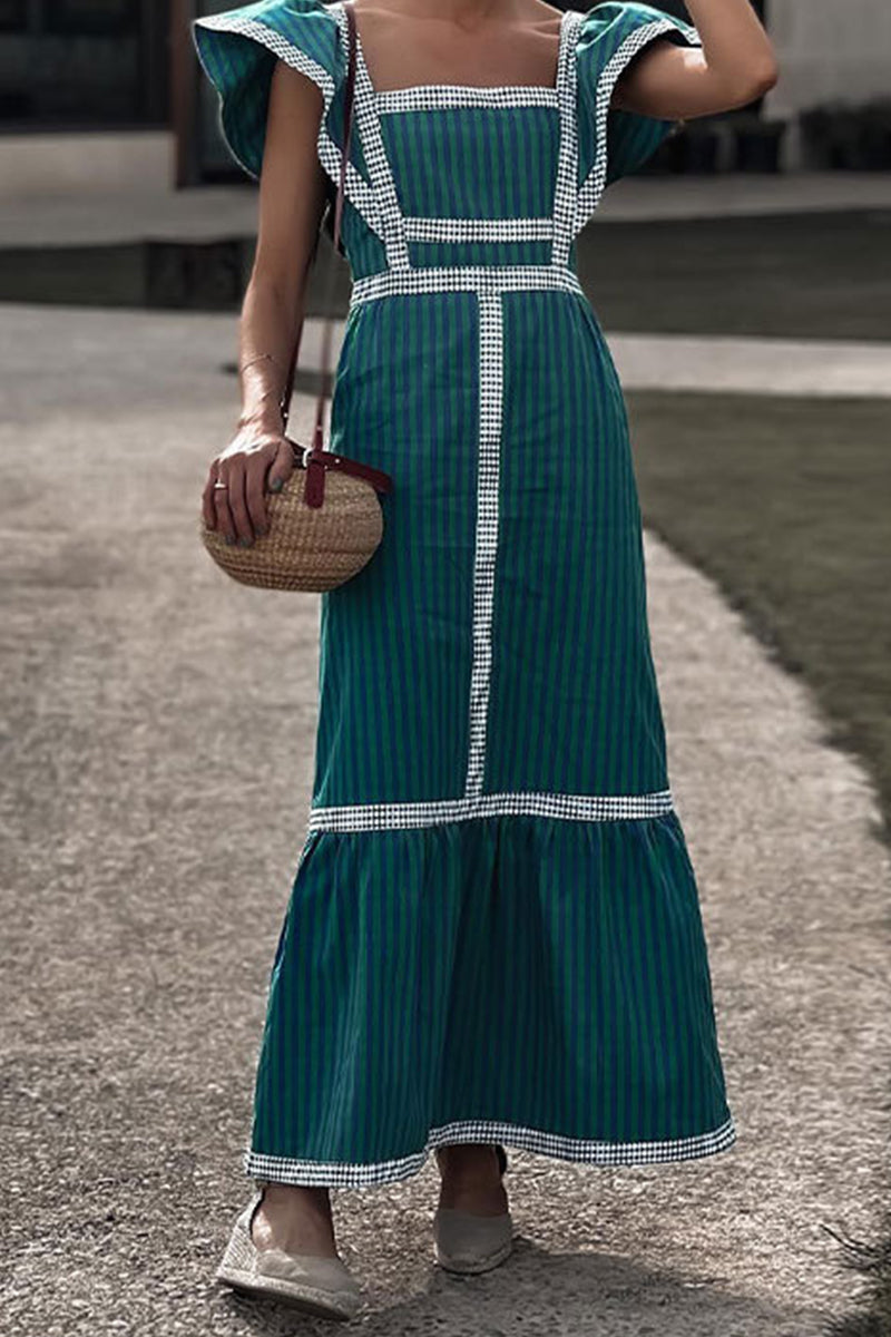 Plaid Patchwork Flounce Square Collar a Line Dresses
