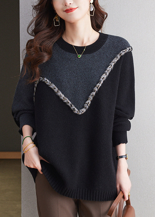 Black O Neck Patchwork Woolen Knit Sweaters Spring