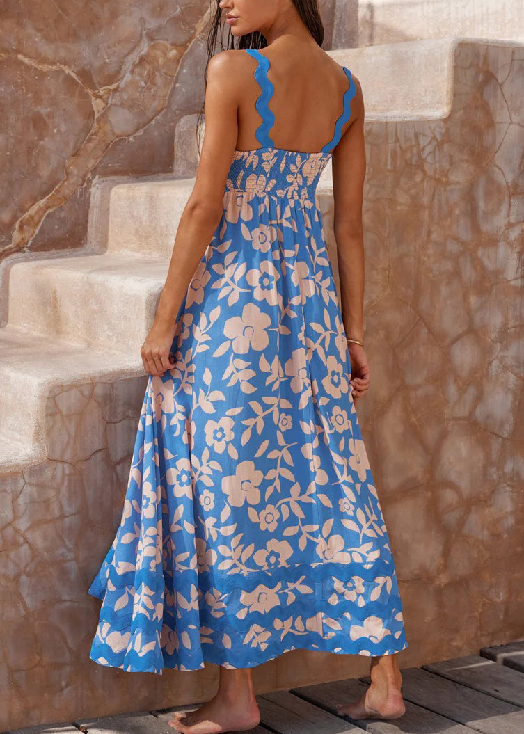 Blue Print Cotton Spaghetti Strap Dresses Summer