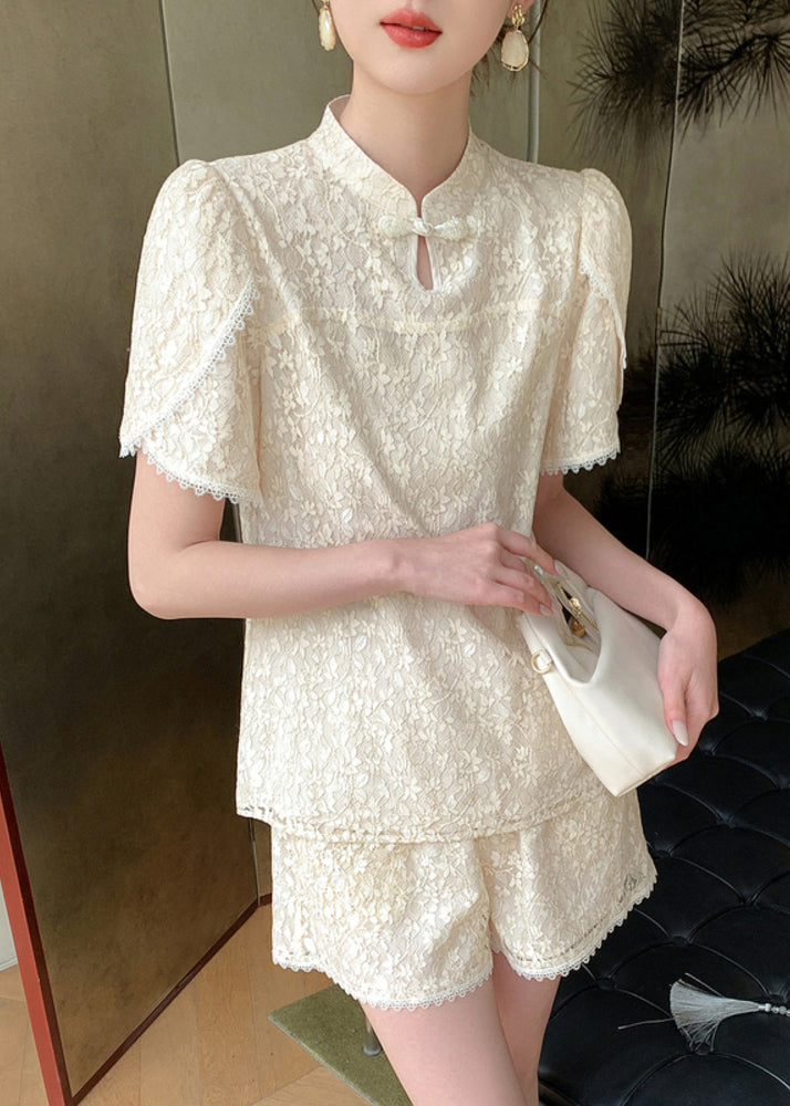 Jacquard Beige Stand Collar Lace Patchwork Chiffon Shirts and Shorts Two Pieces Set Summer