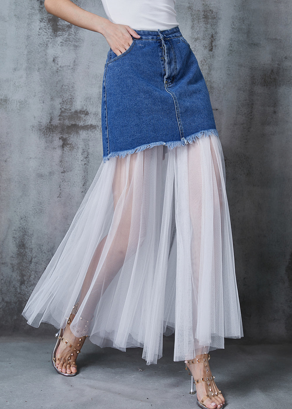 Style Denim Blue Patchwork Tulle Wear on Both Sides Skirt Summer