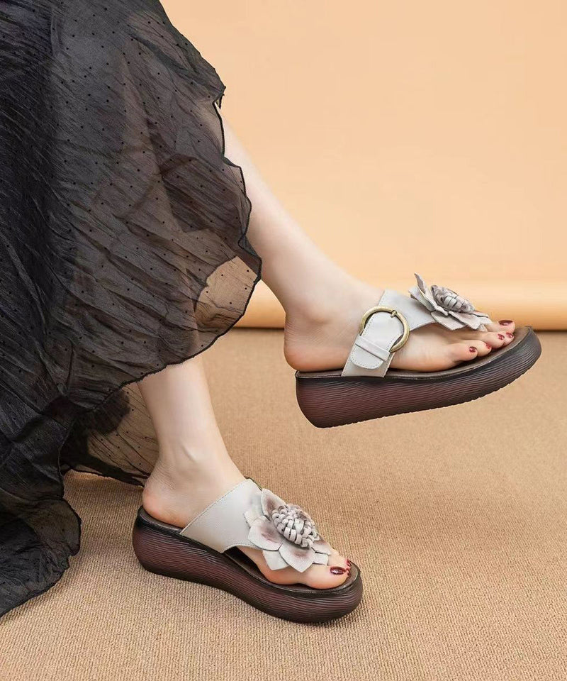 Cameo Brown Handmade Cowhide Leather Wedge Thong Sandals