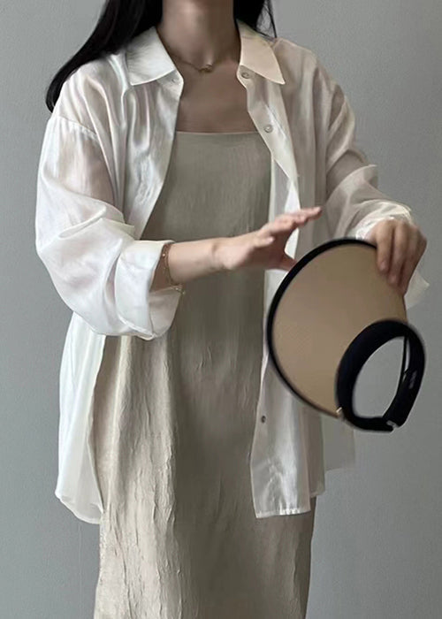 New White Lace Up Button Silk Shirt Long Sleeve