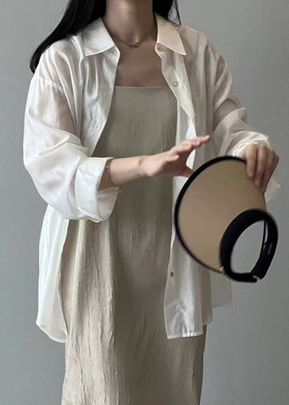 New White Lace Up Button Silk Shirt Long Sleeve