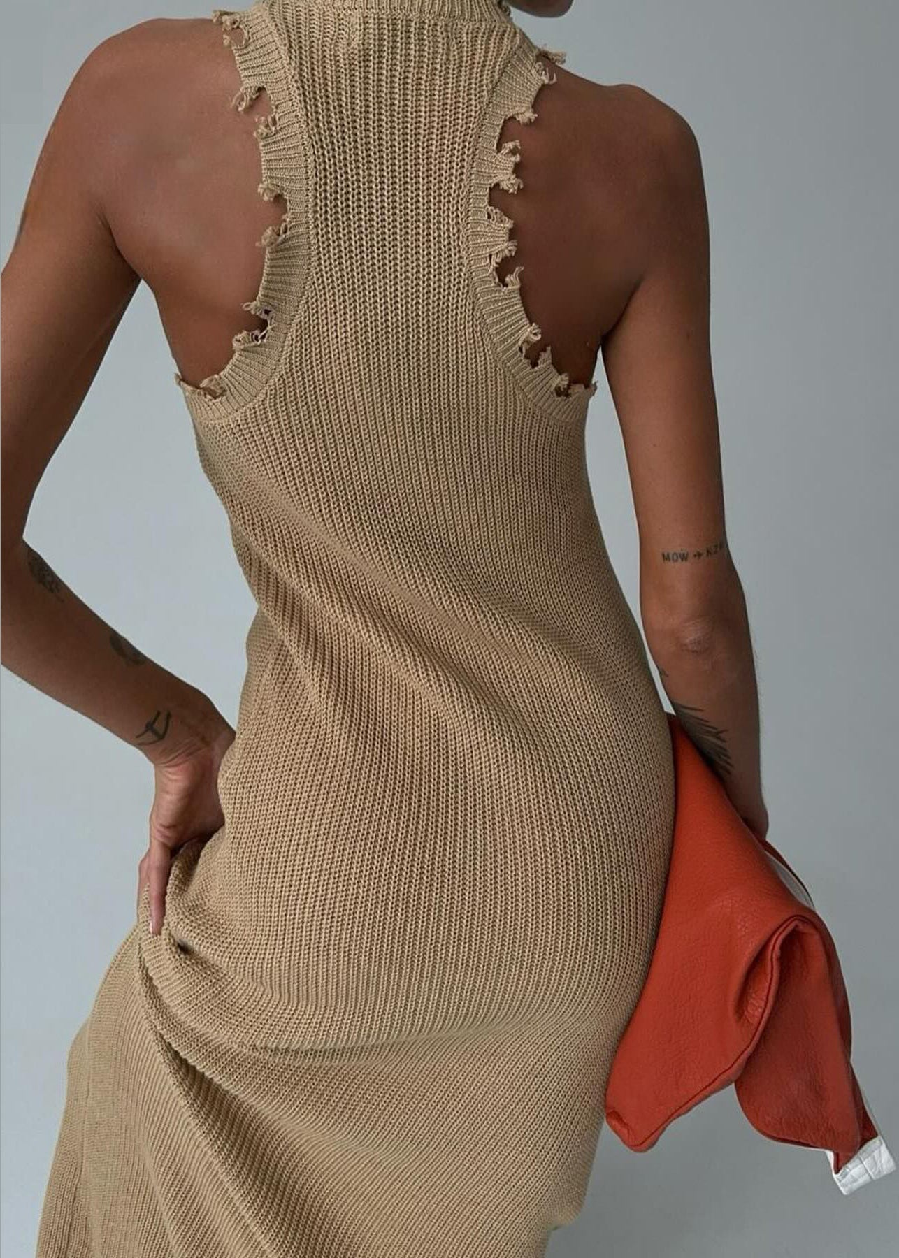 Slim Fit Khaki O Neck Knit Maxi Dresses Sleeveless