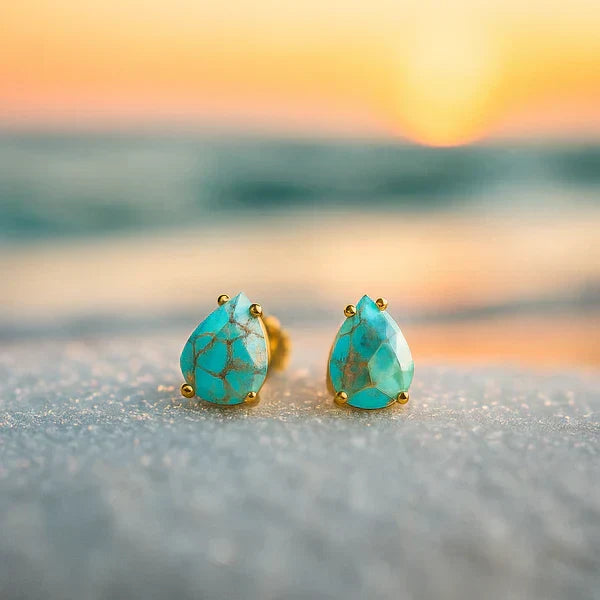 1+1 Offer: Turquoise Inlaid Stone Gold & Silver Ring + Mediterranean Tears – Turquoise Stone Stud Earrings