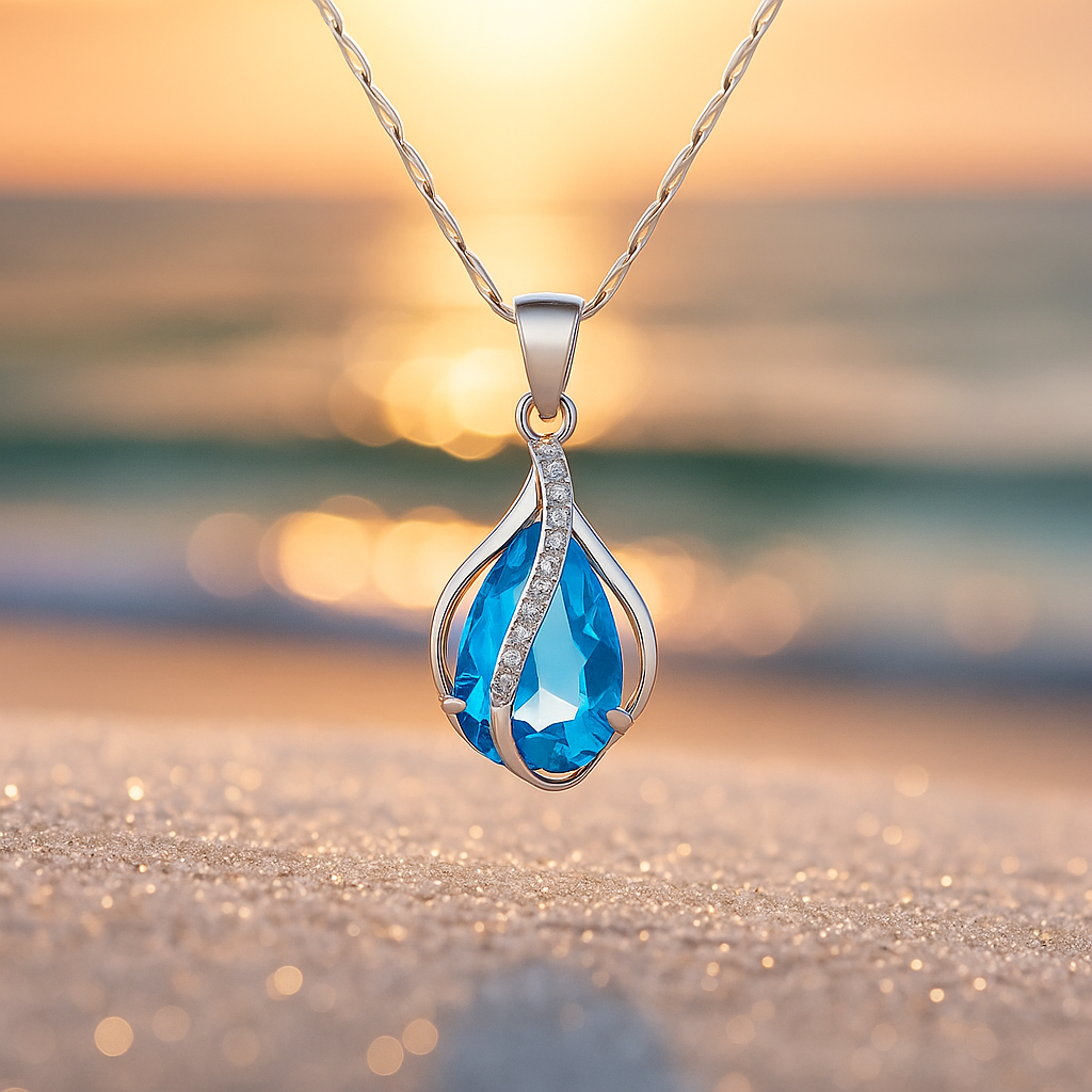 Drop of Light – Necklace With Blue Zircon and Silver Finish
